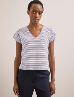 Madison Linen Blend V Neck Knit T-Shirt - White Navy Stripe