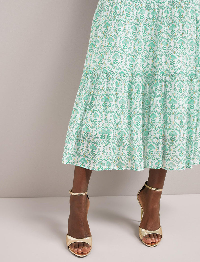 Sedra Gold Metallic Fil Coupé Maxi Skirt - Pale Green Carnation Print