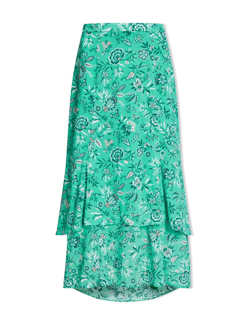 Lotta Cotton Blend Maxi Skirt - Green White Palm Floral