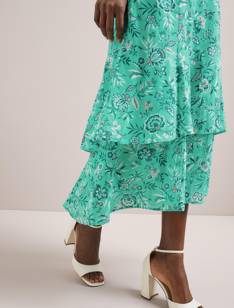 Lotta Cotton Blend Maxi Skirt - Green White Palm Floral