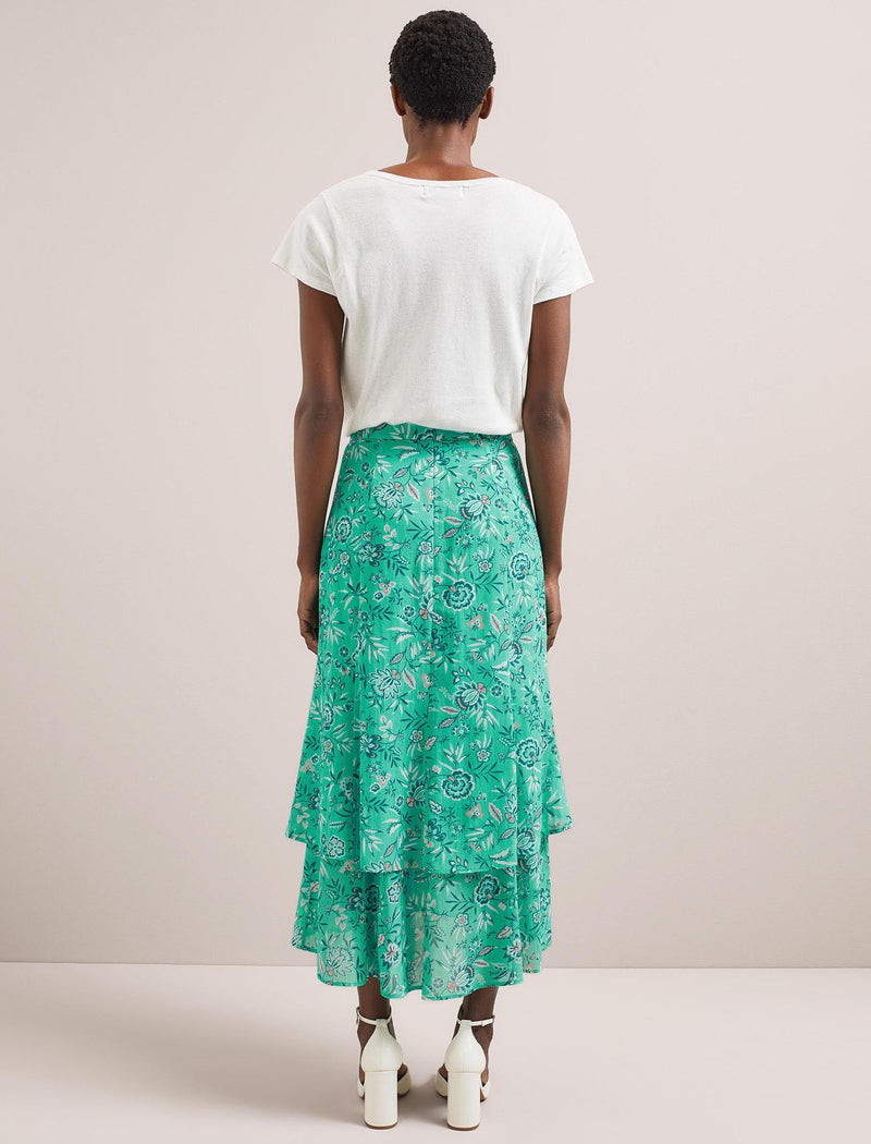 Lotta Cotton Blend Maxi Skirt - Green White Palm Floral