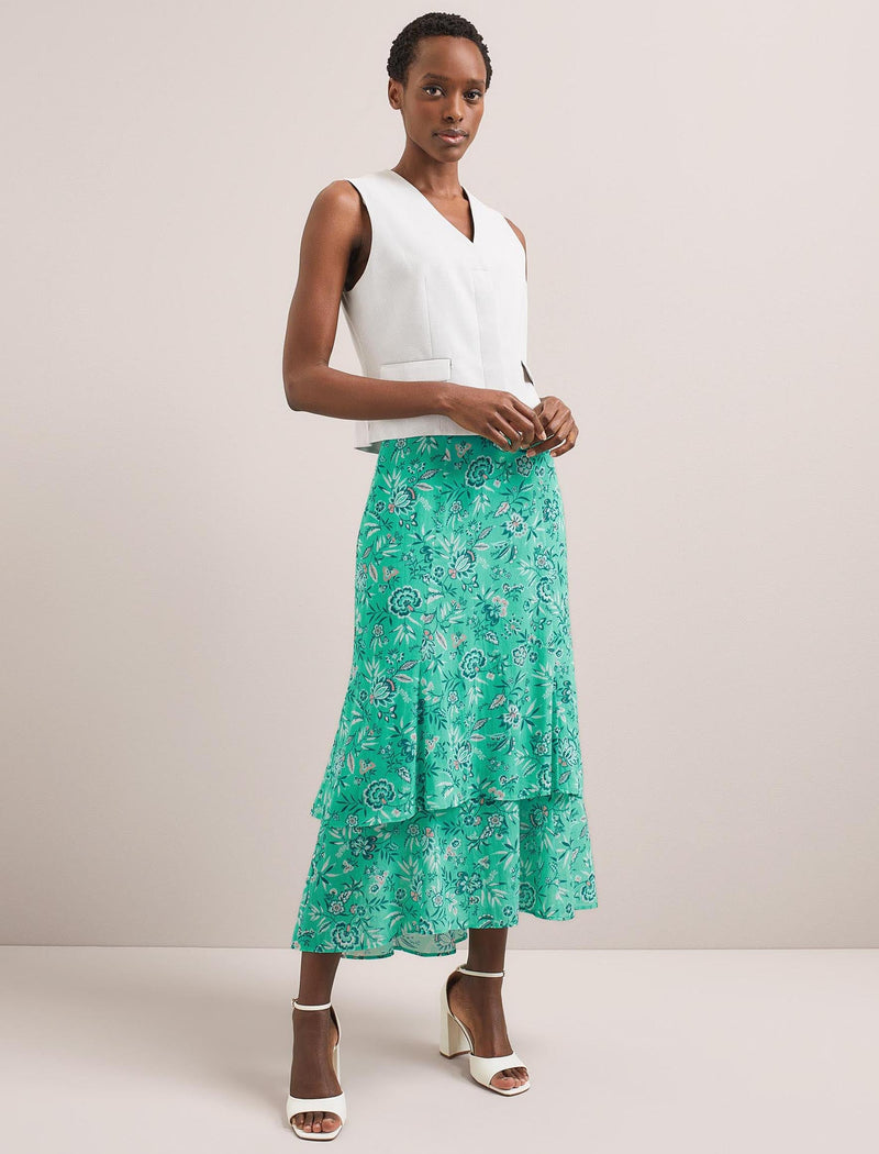 Lotta Cotton Blend Maxi Skirt - Green White Palm Floral