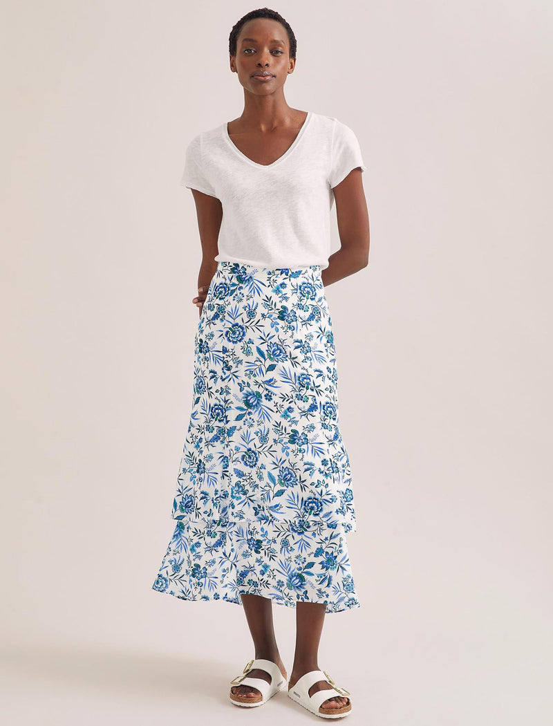 Lotta Cotton Blend Maxi Skirt - White Blue Palm Floral