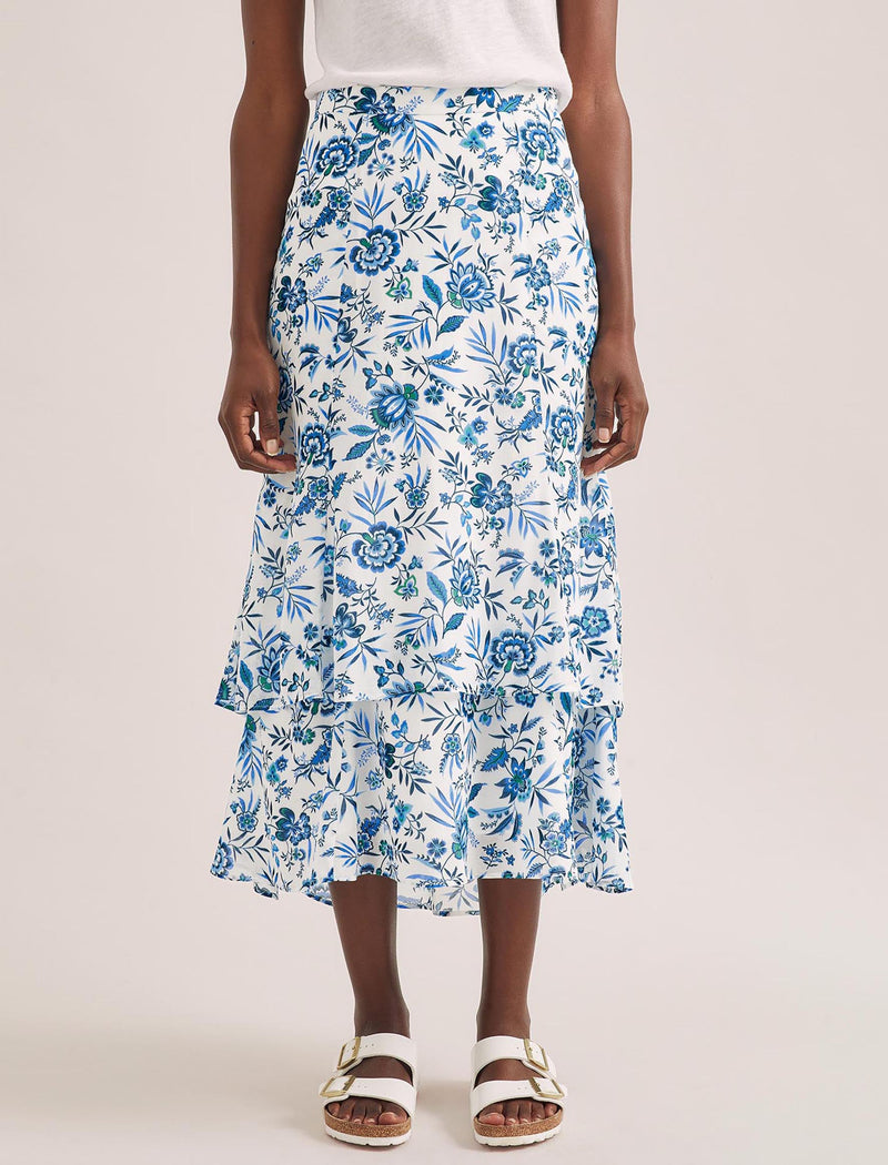 Lotta Cotton Blend Maxi Skirt - White Blue Palm Floral