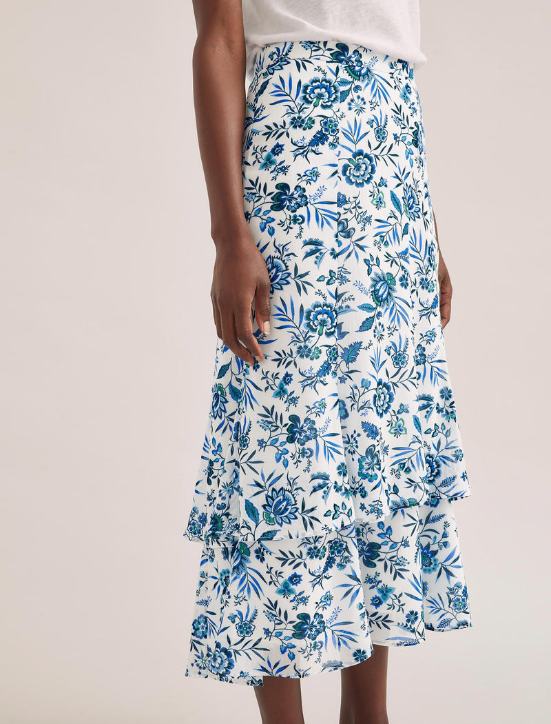 Lotta Cotton Blend Maxi Skirt - White Blue Palm Floral