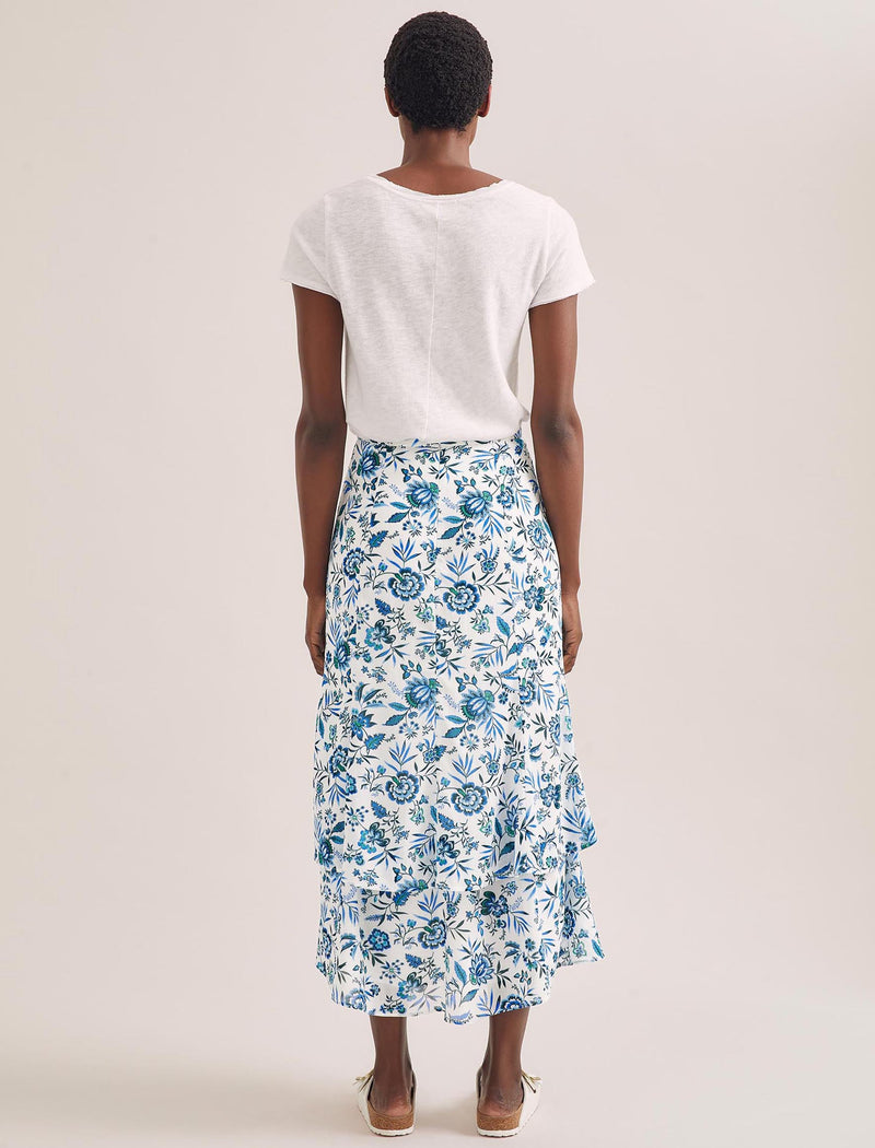 Lotta Cotton Blend Maxi Skirt - White Blue Palm Floral