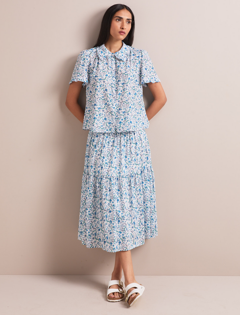 Sylvia Silk Blend Maxi Skirt - Blue Trailing Feather Print