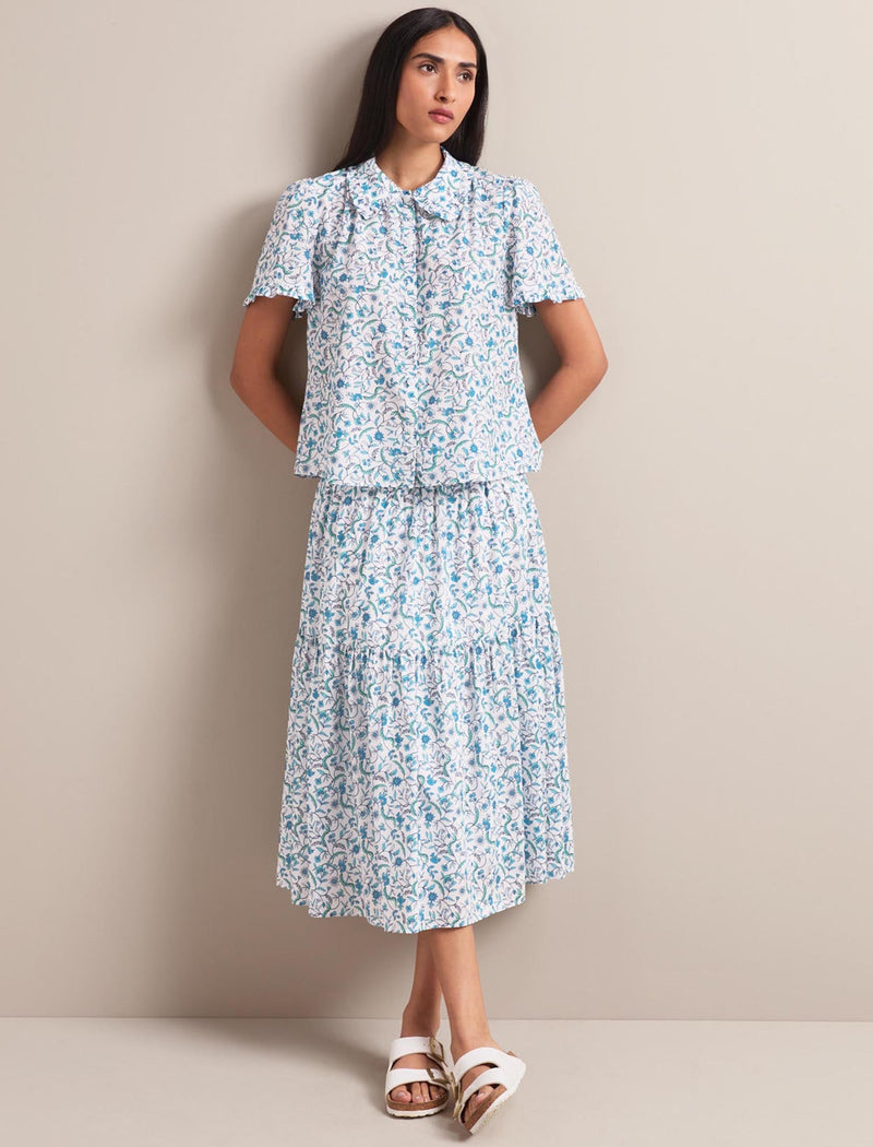 Kitty Silk Blend Blouse - Blue Trailing Feather Print