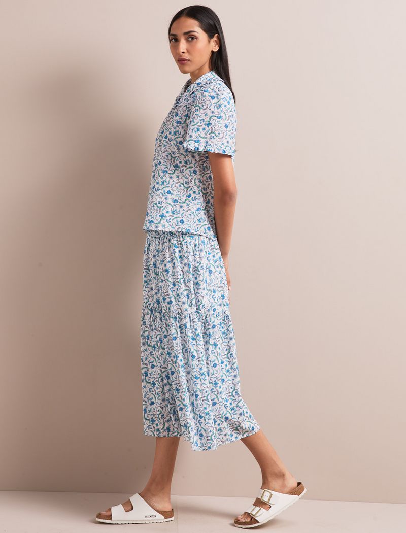 Sylvia Silk Blend Maxi Skirt - Blue Trailing Feather Print