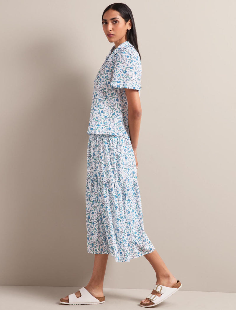 Kitty Silk Blend Blouse - Blue Trailing Feather Print