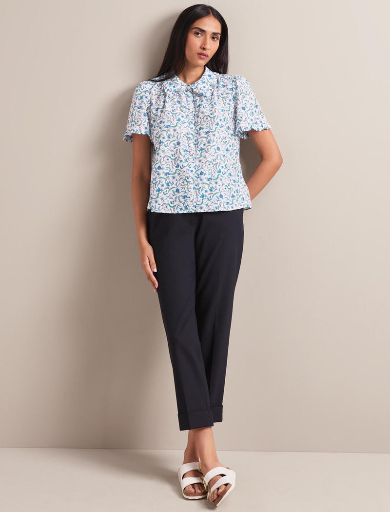 Kitty Silk Blend Blouse - Blue Trailing Feather Print