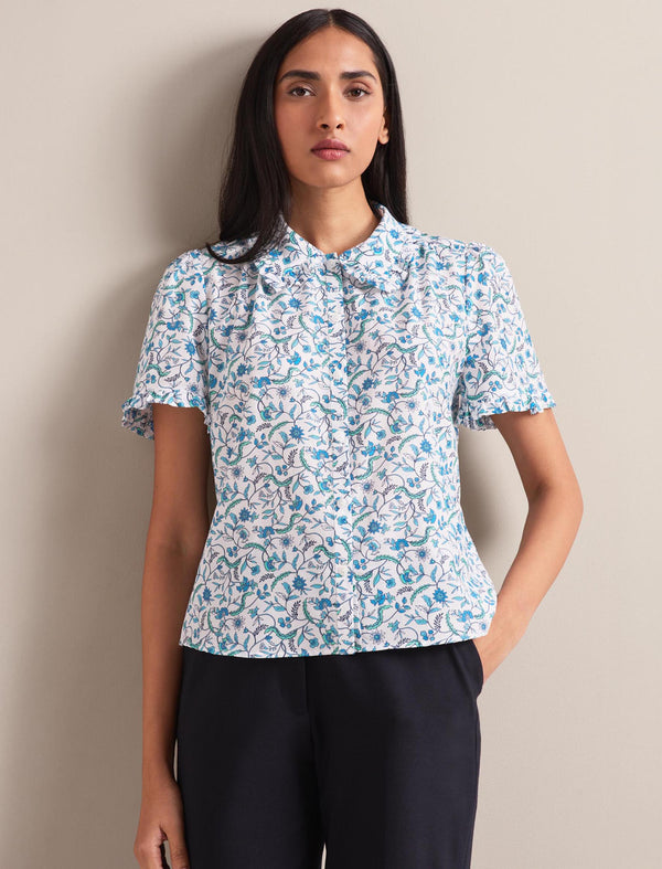 Kitty Silk Blend Blouse - Blue Trailing Feather Print