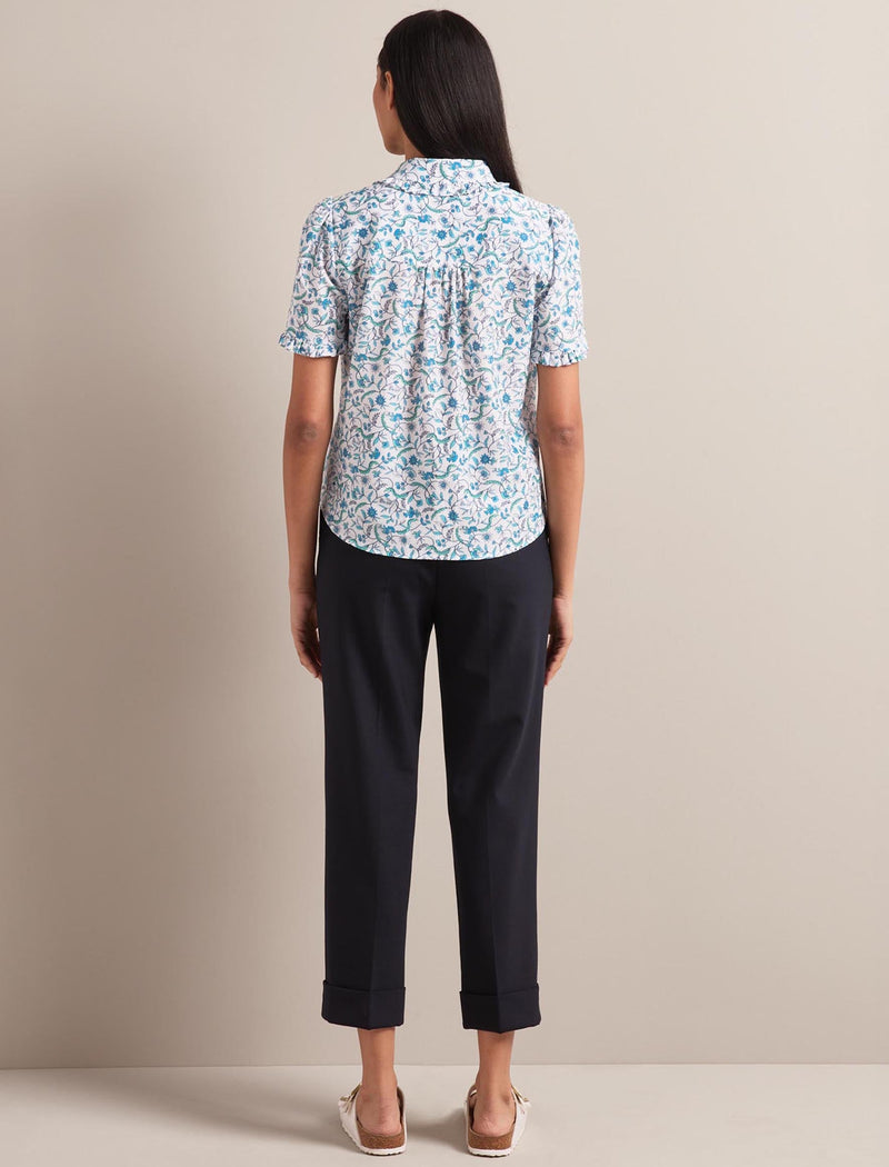 Kitty Silk Blend Blouse - Blue Trailing Feather Print