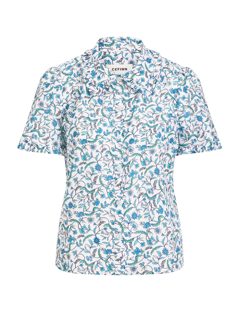Kitty Silk Blend Blouse - Blue Trailing Feather Print