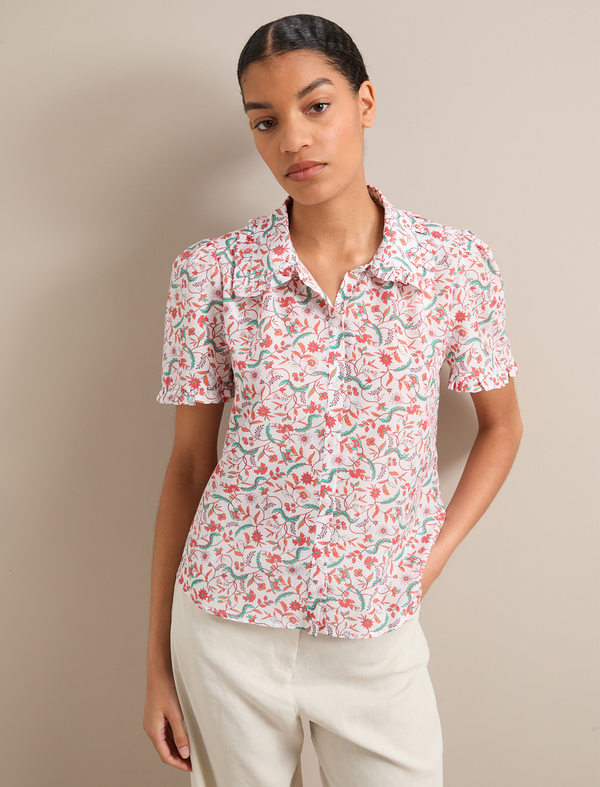 Kitty Silk Blend Blouse - Red Trailing Feather Print