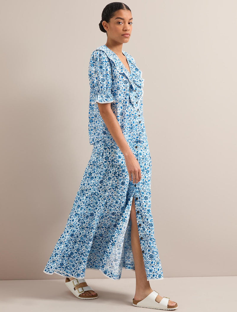 Bethany Cotton Blend Blouse - White Blue Ditsy Carnation Print