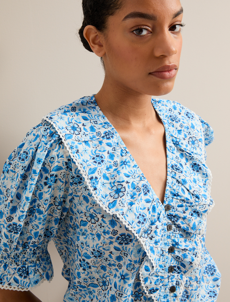 Bethany Cotton Blend Blouse - White Blue Ditsy Carnation Print