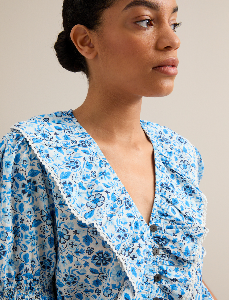 Bethany Cotton Blend Blouse - White Blue Ditsy Carnation Print