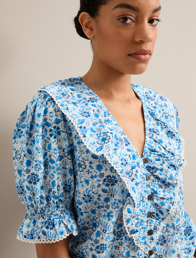 Bethany Cotton Blend Blouse - White Blue Ditsy Carnation Print
