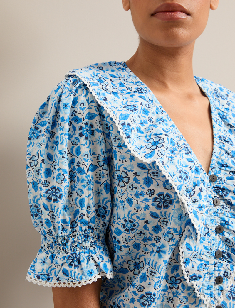 Bethany Cotton Blend Blouse - White Blue Ditsy Carnation Print
