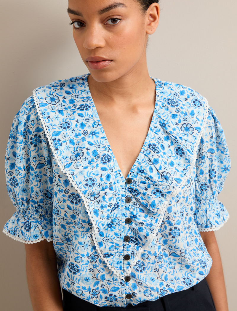 Bethany Cotton Blend Blouse - White Blue Ditsy Carnation Print