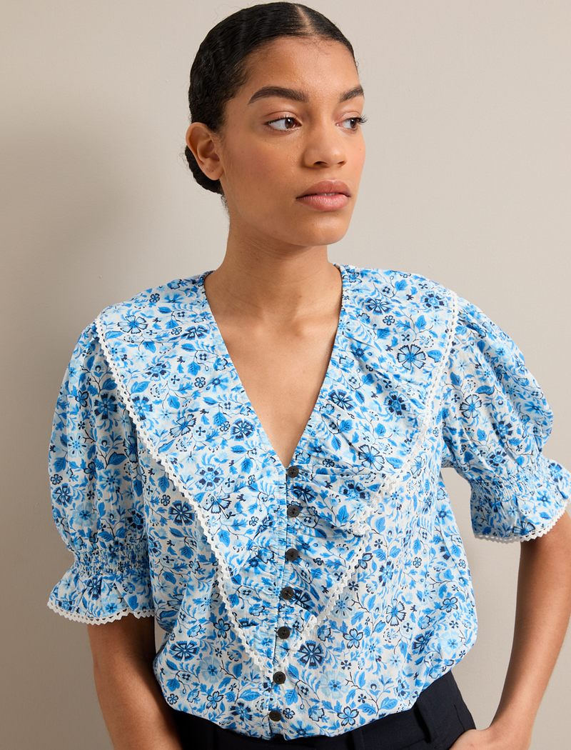 Bethany Cotton Blend Blouse - White Blue Ditsy Carnation Print