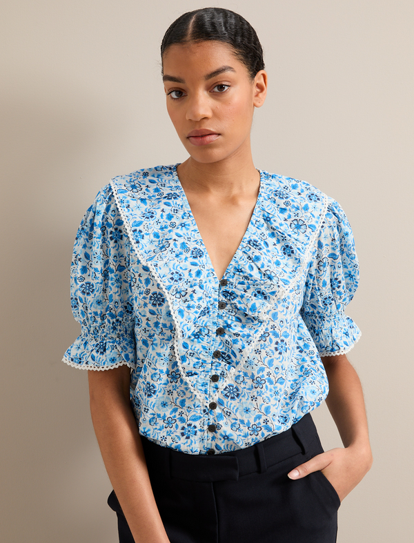 Bethany Cotton Blend Blouse - White Blue Ditsy Carnation Print