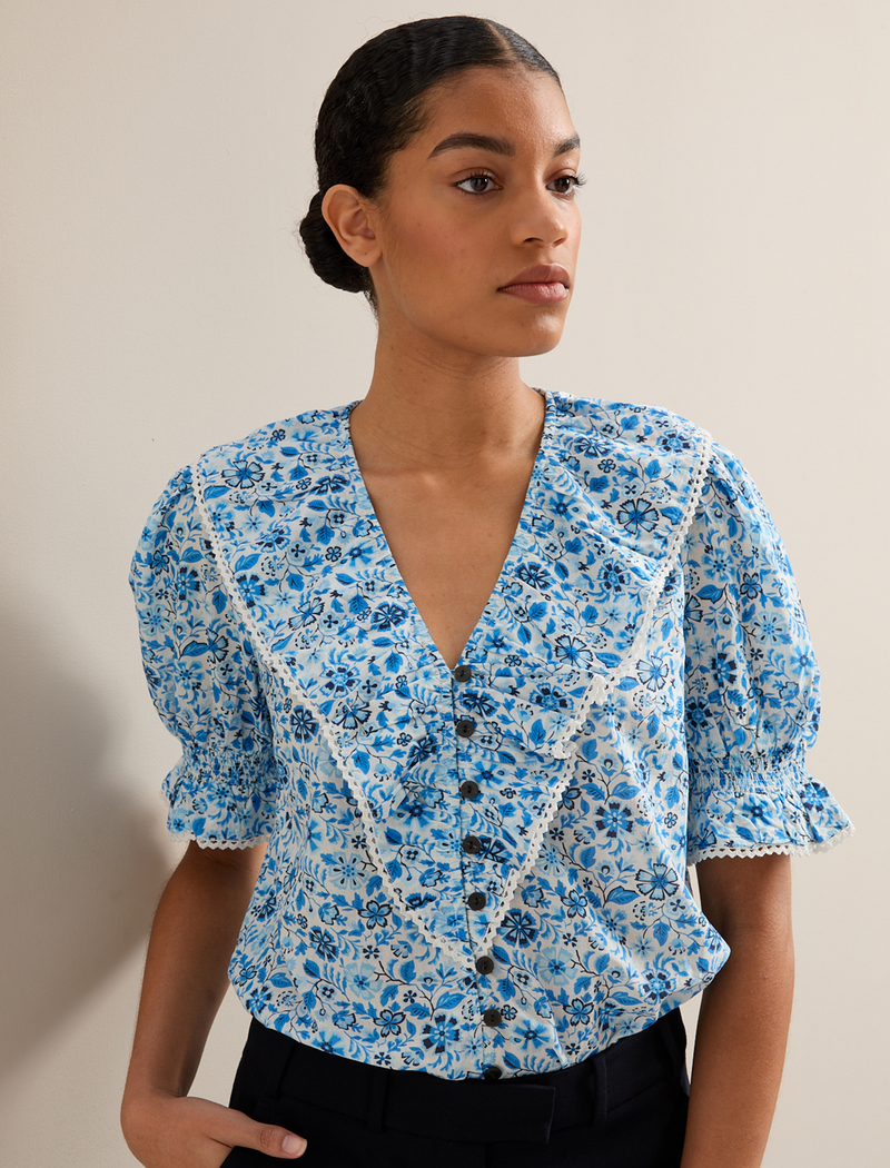 Bethany Cotton Blend Blouse - White Blue Ditsy Carnation Print