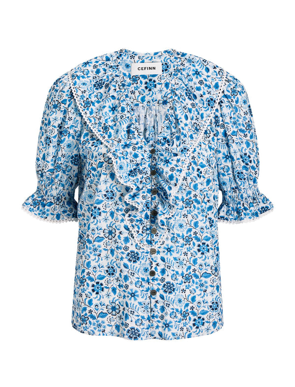 Bethany Cotton Blend Blouse - White Blue Ditsy Carnation Print