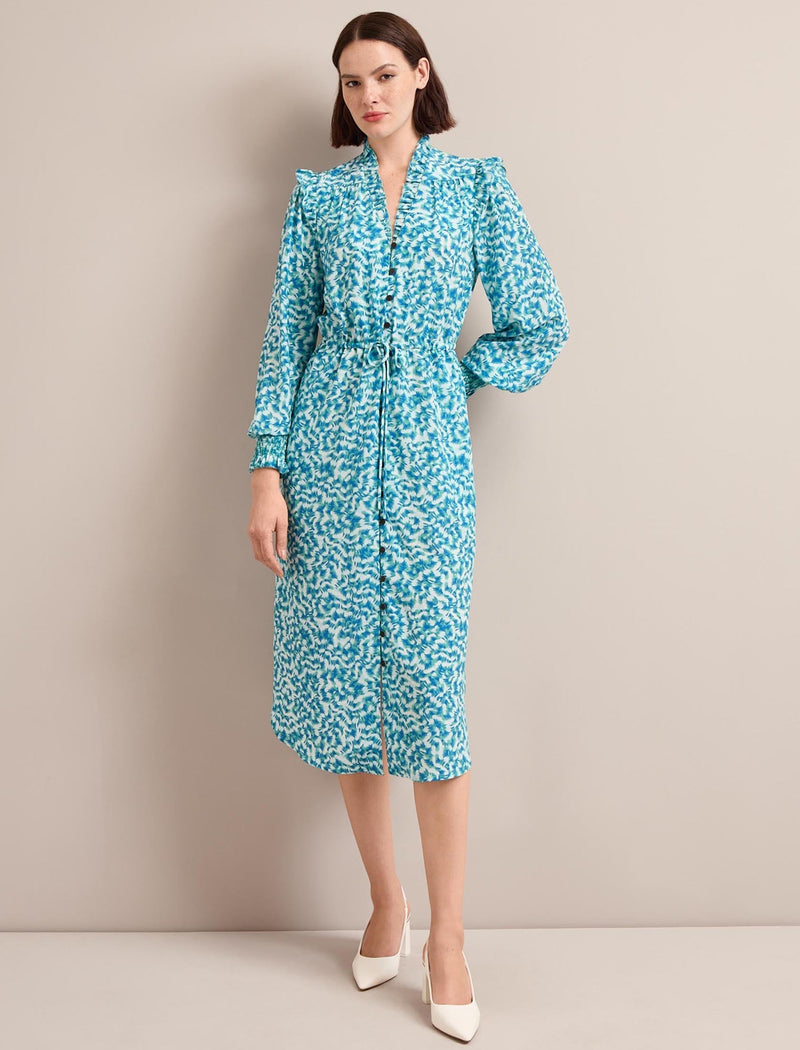 Stella Silk Midi Dress - Blue Green Feather Print