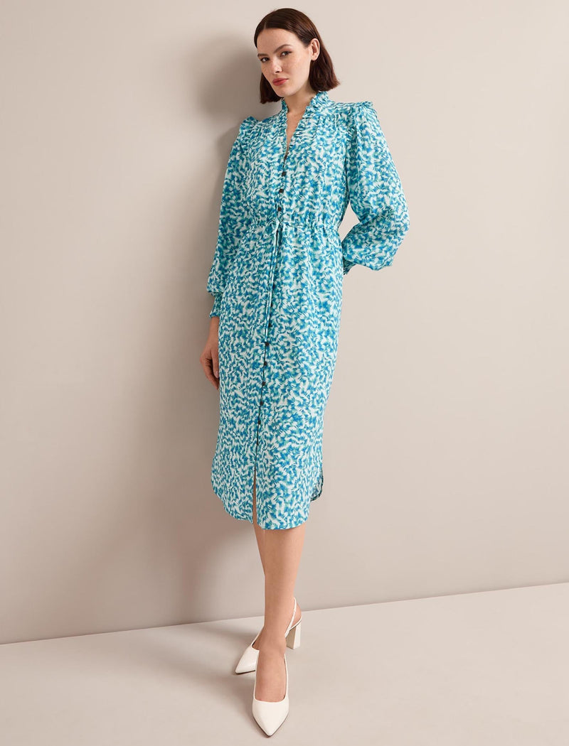 Stella Silk Midi Dress - Blue Green Feather Print