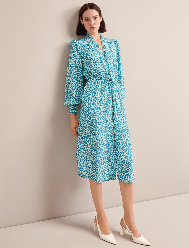 Stella Silk Midi Dress - Blue Green Feather Print