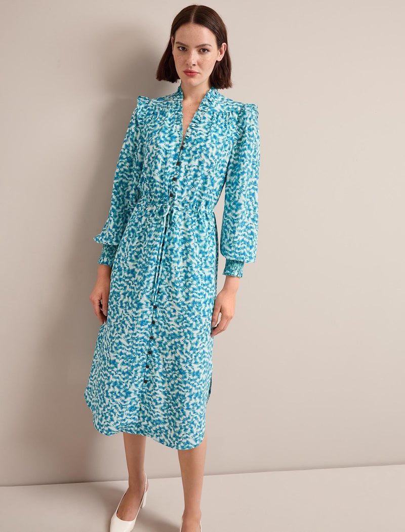 Stella Silk Midi Dress - Blue Green Feather Print