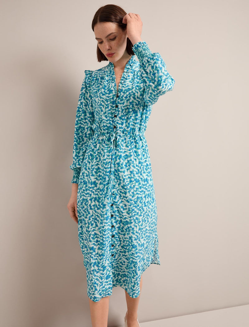 Stella Silk Midi Dress - Blue Green Feather Print