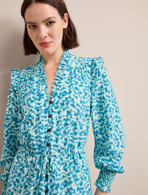 Stella Silk Midi Dress - Blue Green Feather Print