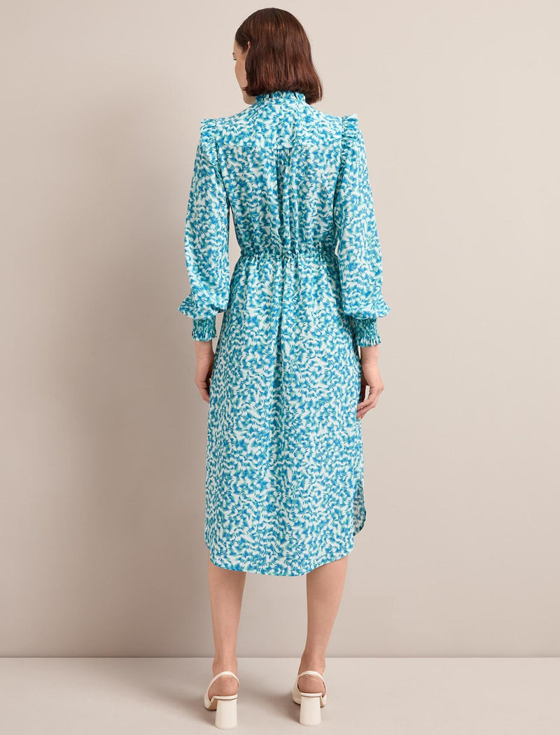 Stella Silk Midi Dress - Blue Green Feather Print