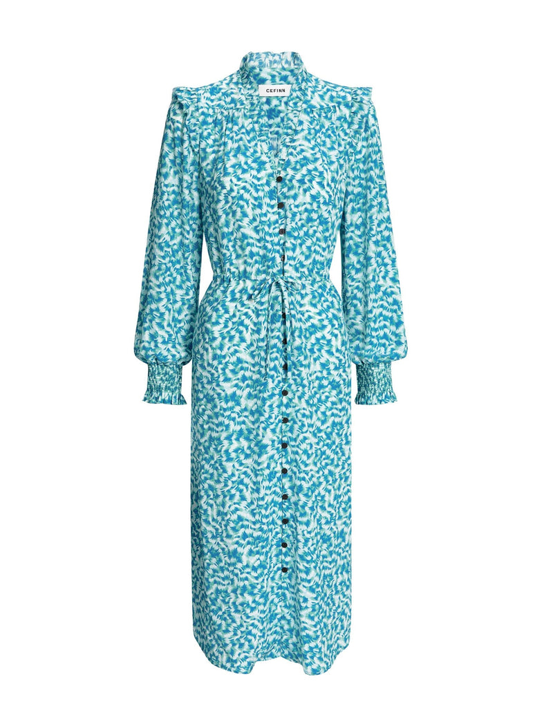Stella Silk Midi Dress - Blue Green Feather Print