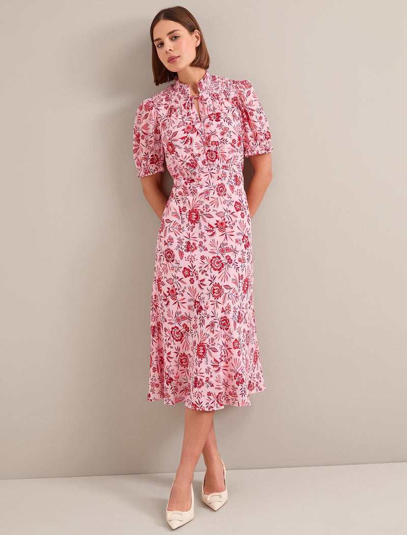 Irina Cotton Blend Midi Dress - Pink Palm Floral Print