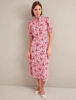 Irina Cotton Blend Midi Dress - Pink Palm Floral Print