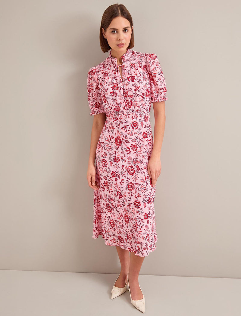 Irina Cotton Blend Midi Dress - Pink Palm Floral Print