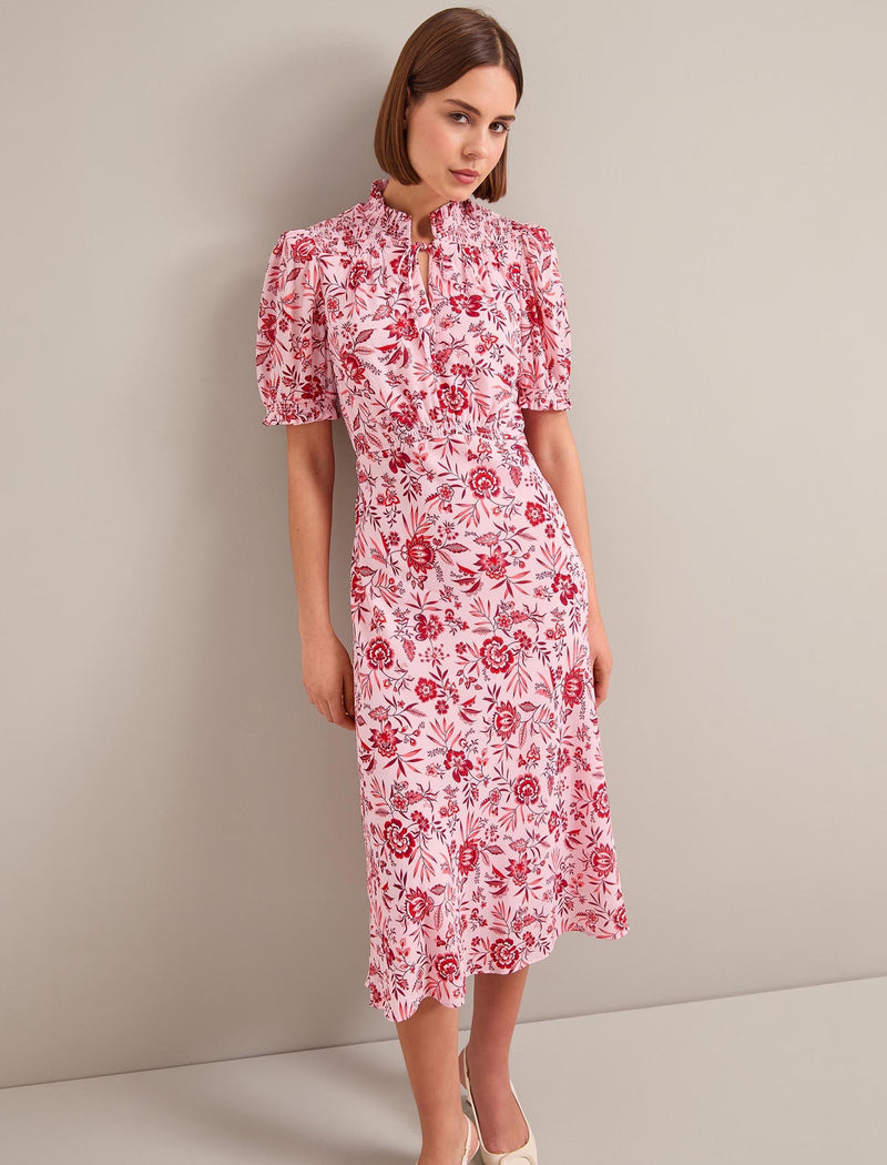 Irina Cotton Blend Midi Dress - Pink Palm Floral Print