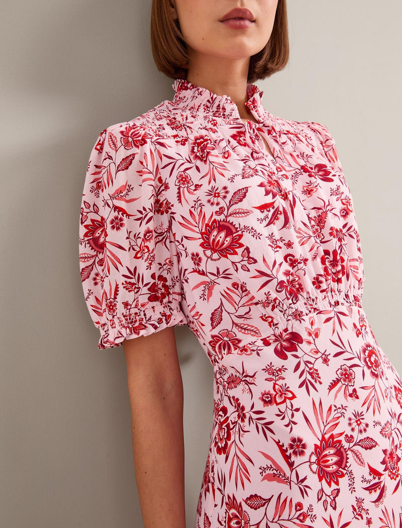 Irina Cotton Blend Midi Dress - Pink Palm Floral Print