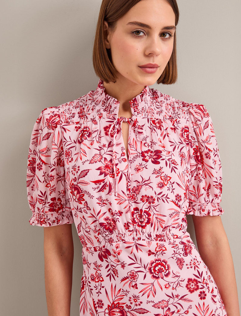 Irina Cotton Blend Midi Dress - Pink Palm Floral Print