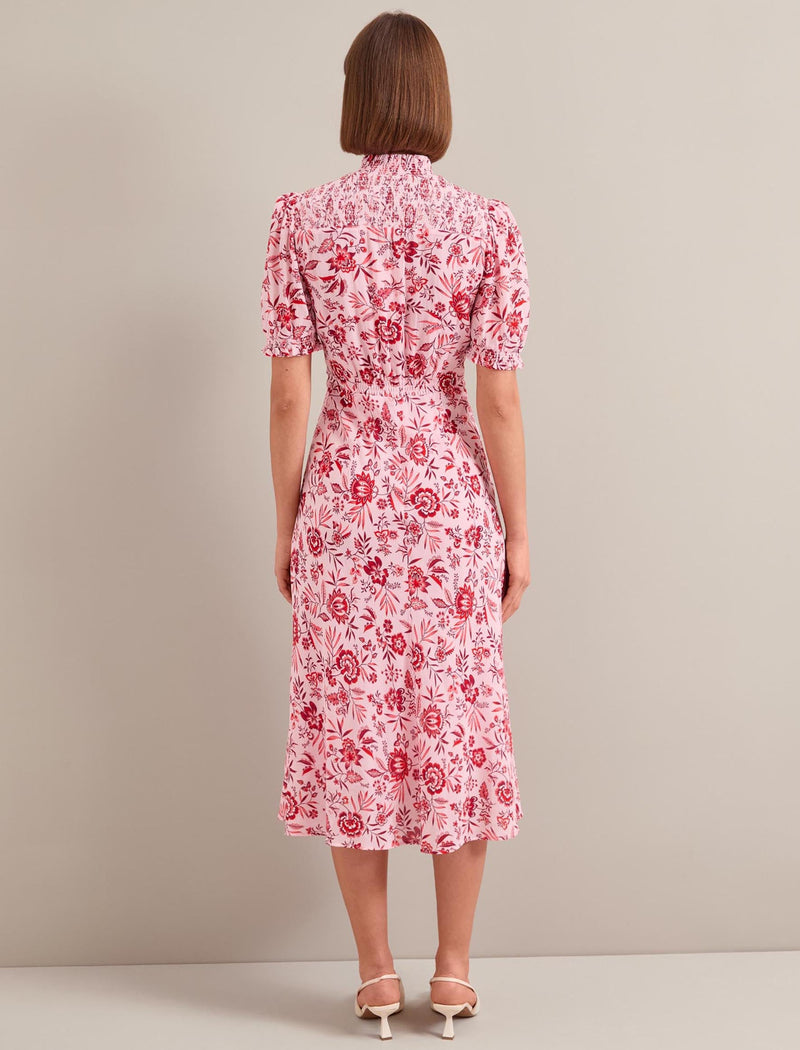 Irina Cotton Blend Midi Dress - Pink Palm Floral Print