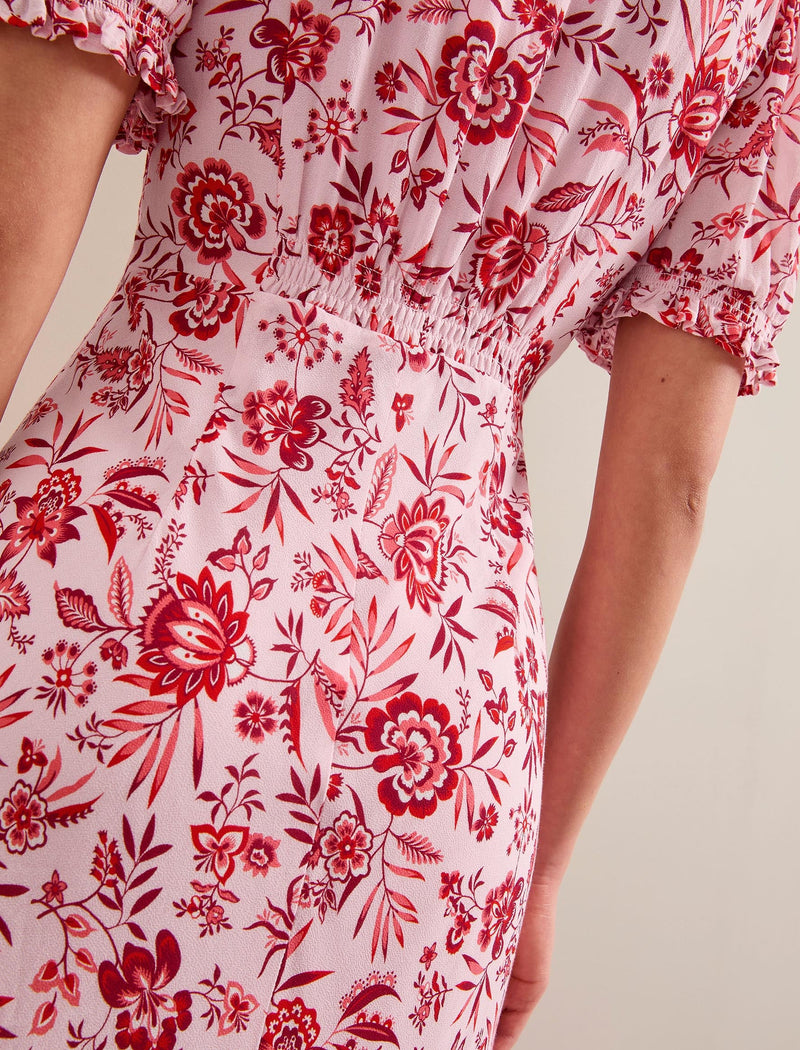 Irina Cotton Blend Midi Dress - Pink Palm Floral Print