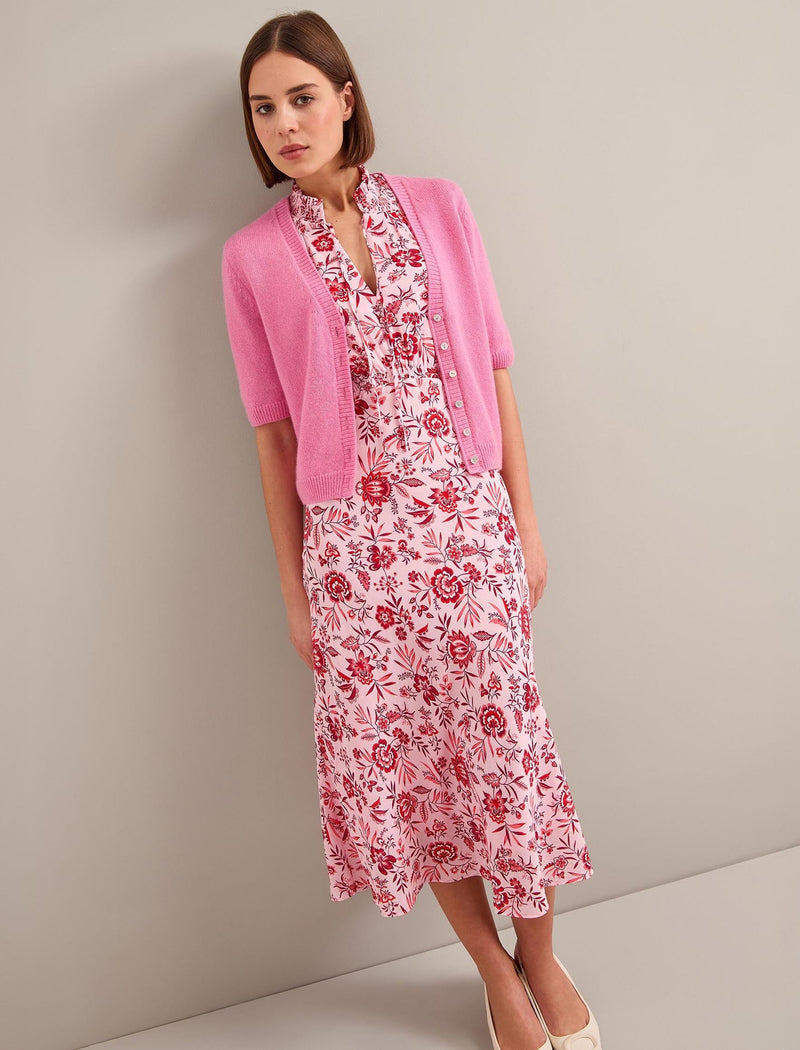 Irina Cotton Blend Midi Dress - Pink Palm Floral Print