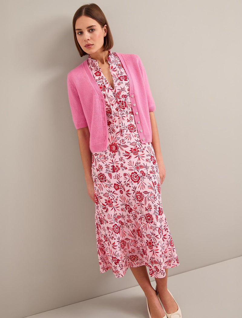 Irina Cotton Blend Midi Dress - Pink Palm Floral Print