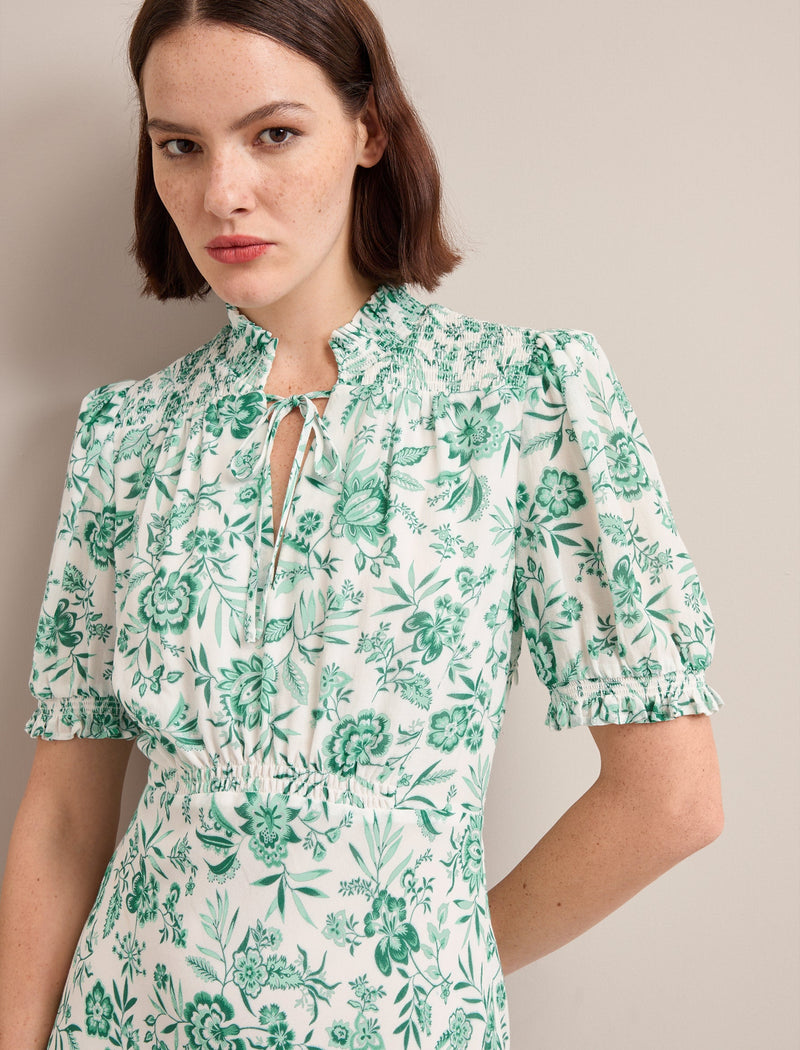 Irina Cotton Blend Midi Dress - Green Palm Floral Print