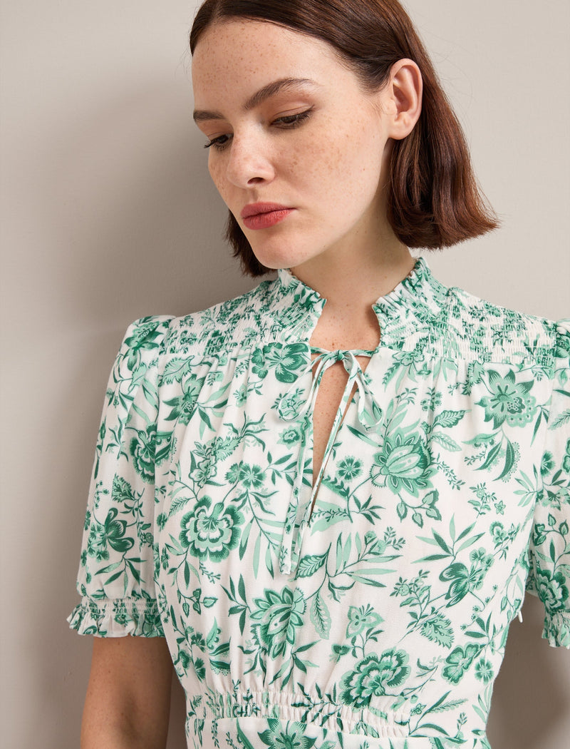 Irina Cotton Blend Midi Dress - Green Palm Floral Print