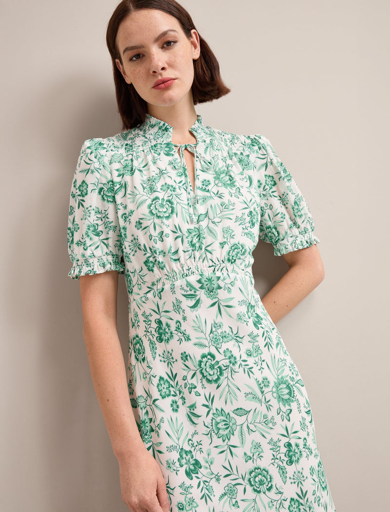 Irina Cotton Blend Midi Dress - Green Palm Floral Print